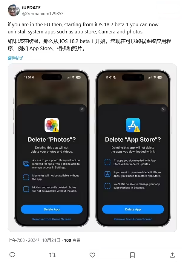 桂东苹果手机维修分享iOS 18.2 支持删除 App Store 应用商店 