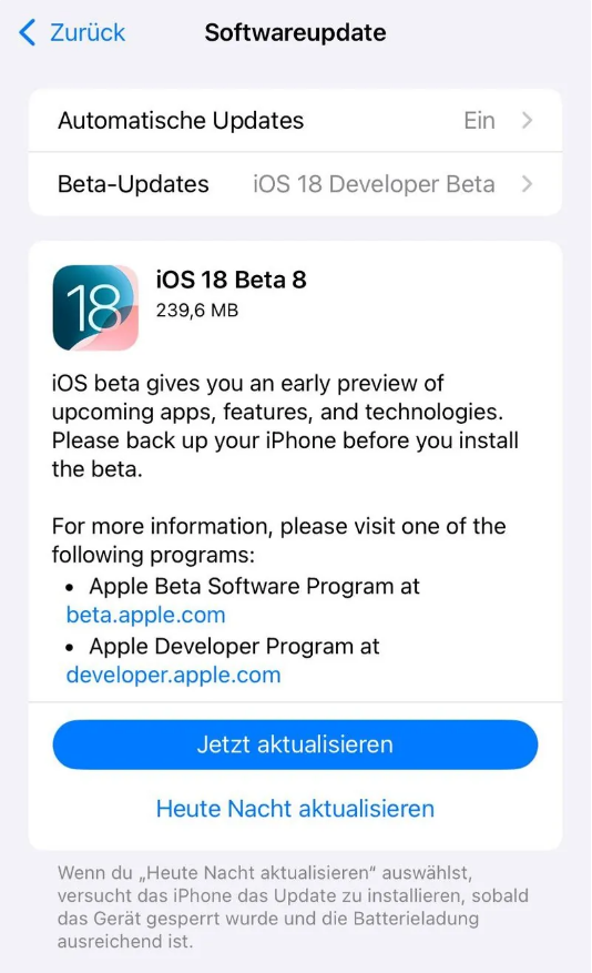 桂东苹果手机维修分享苹果 iOS / iPadOS 18 开发者预览版 Beta 8 发布 